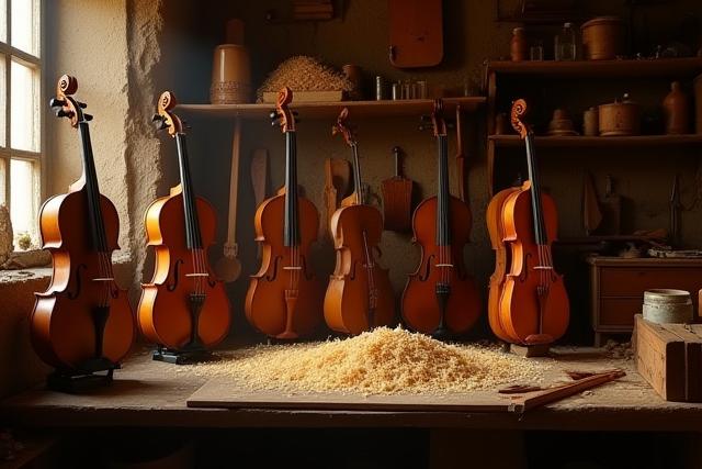 Ancien atelier de lutherie avec des outils traditionnels et des instruments en bois, ambiance chaleureuse et artisanale