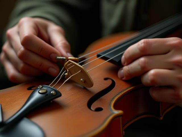 Un luthier travaillant méticuleusement sur le chevalet d'un violon.