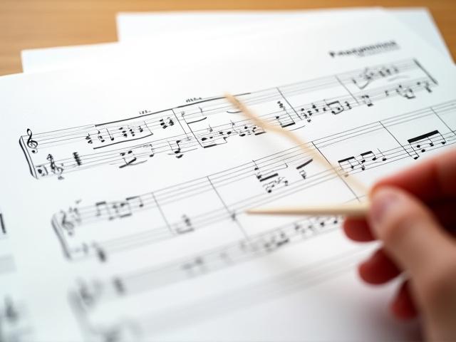 Partition de musique et main tenant une baguette de chef d'orchestre.